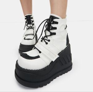 Demonia White and Black Platform Lace-Up Ankle Boots